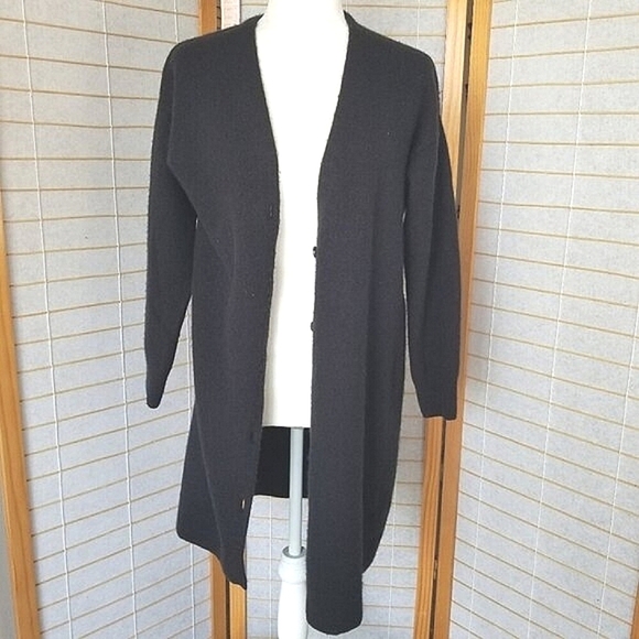 Ann Taylor Black Cardigan Sweater Long Line Button Up Wool Nylon Size Medium - Picture 1 of 8